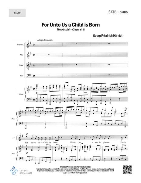For Unto Us a Child is Born - SATB + piano