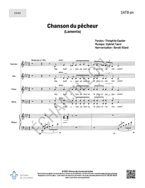 Chanson du pêcheur (Lamento) - SATB + piano