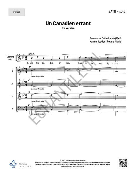 Un Canadien errant (arr. R. Alarie, 1re version) - SATB + solo