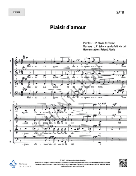 Plaisir d'amour (harm. : R. Alarie) - SATB