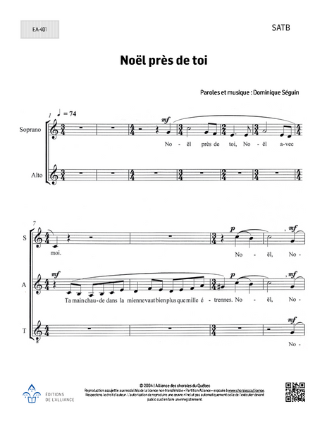 Noël près de toi - SATB, piano, SATB + piano, violoncelle, synthétiseur et chef