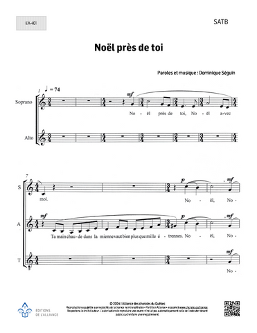 Noël près de toi - SATB, piano, SATB + piano, violoncelle, synthétiseur et chef