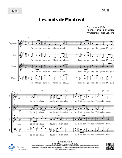 Les nuits de Montréal - SATB (harm. Y. Sabourin)