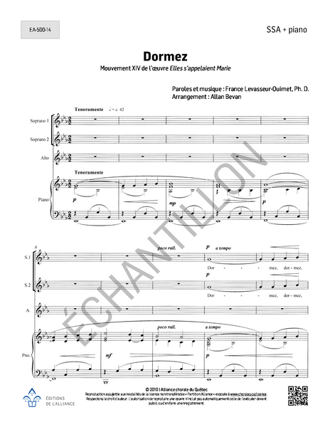 Dormez (mouvement XIV d'Elles s'appelaient Marie) - SSA + piano